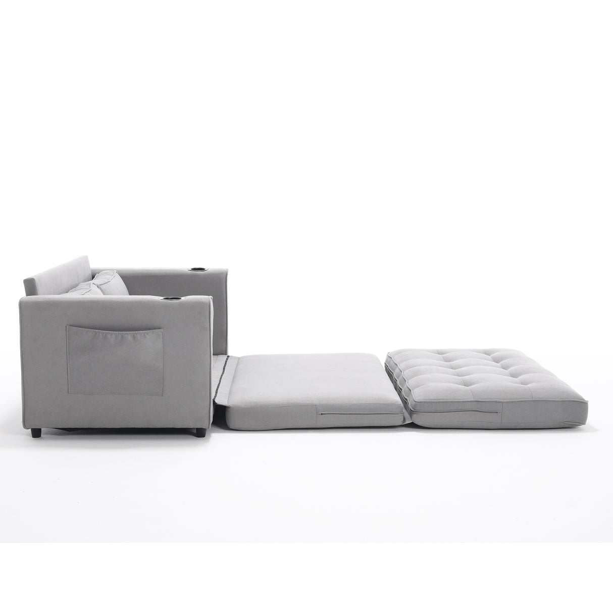 {VIDEO Provided}3-in-1 Upholstered Futon Sofa Convertible Sofa bed,Foldable Tufted Loveseat with Pull Out Sleeper Couch Bed,Folding Mattres Love Seat Daybed W/Side Pockets and Cup Holder, Light Gray