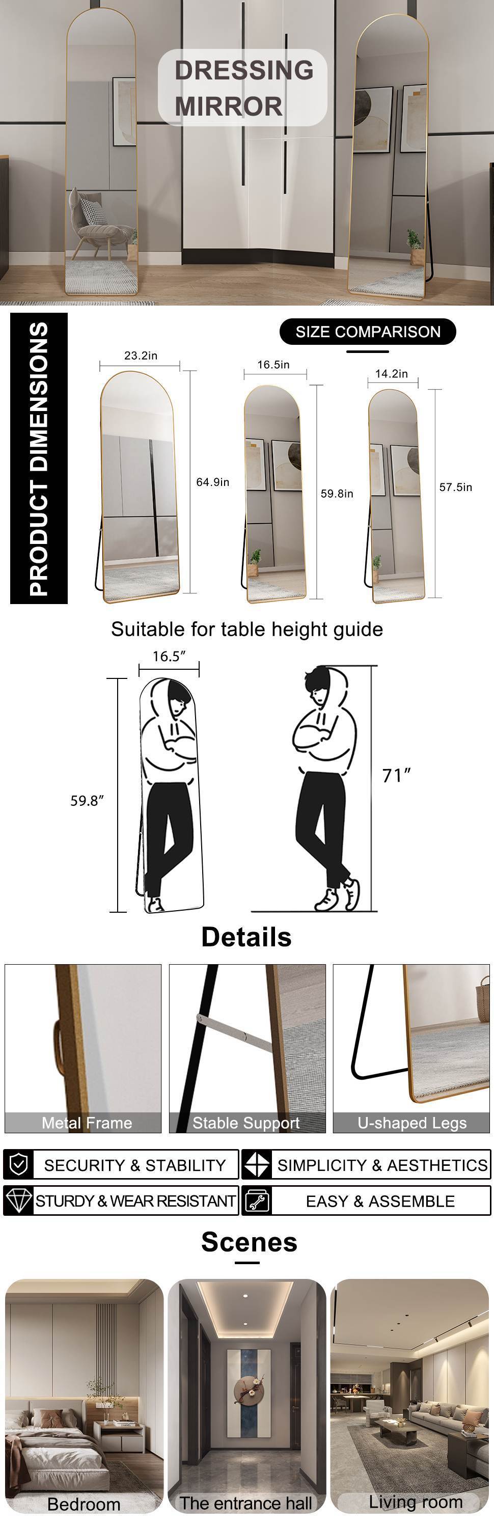 The third generation floor mounted full length rearview mirror. Aluminum alloy metal frame arched wall mirror, bathroom makeup mirror, clothing store, wall mounted. Gold 60 "*16.5"W115158172