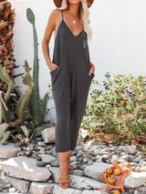 Solid Color V-Neck Pocket Jumpsuit