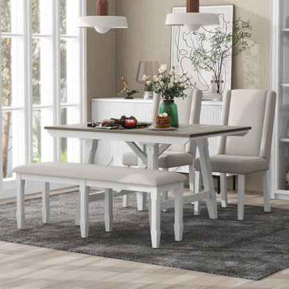 TREXM 6-Piece Classic Dining Table Set, Rectangular Extendable Dining Table with two 12"W Removable Leaves and 4 Upholstered Chairs & 1 Bench for Dining Room (Brown+White)