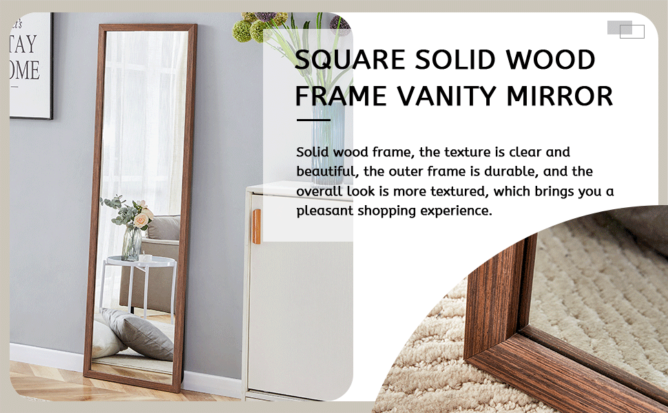 Third generation packaging upgrade, thickened border, brown wood grain solid wood frame full length mirror, dressing mirror, bedroom entrance, decorative mirror, and floor standing mirror. 57.9"*18.1"