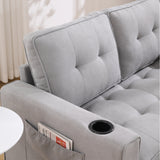 {VIDEO Provided}3-in-1 Upholstered Futon Sofa Convertible Sofa bed,Foldable Tufted Loveseat with Pull Out Sleeper Couch Bed,Folding Mattres Love Seat Daybed W/Side Pockets and Cup Holder, Light Gray