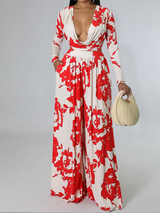 Women's 2-Pc Set Printed Long Sleeve Cowl Neck Top & Wide Leg Pants