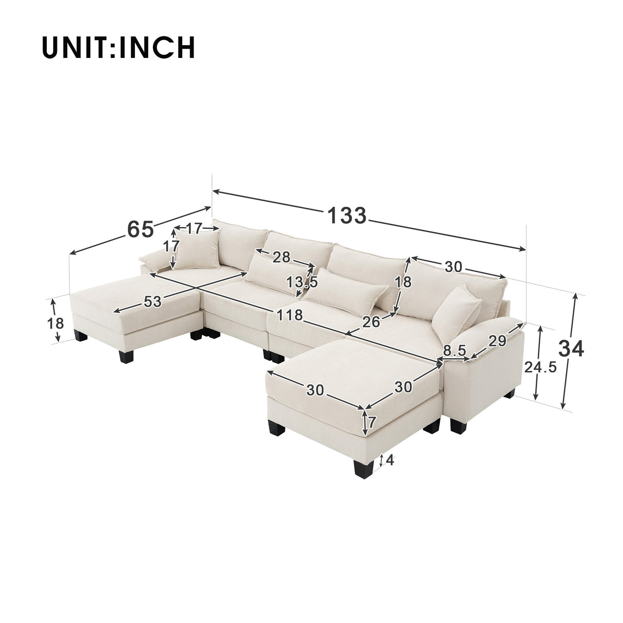 [New]Wide Seat Corduroy Modular Sectional Sofa Bed, Sleeper Couch Set with Armrest Pillow,6 Seat Free Combination Sofa with Ottomans, Oversized Indoor Furniture for Living Room, 2 Colors