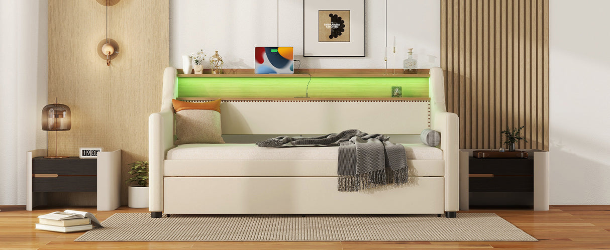 Twin Size Daybed with Trundle, Upholstered Daybed with Charging Station and LED Lights, Beige (Expect arrive date:May 20th.)