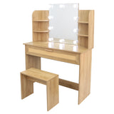 Vanity Desk Set Stool & Dressing Table with LED Lighting Mirror Drawer and Compartments Modern Wood Cosmetic Table Chest of Drawers Nature Color