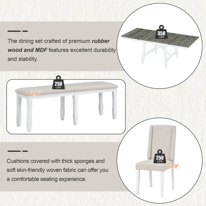 TREXM 6-Piece Classic Dining Table Set, Rectangular Extendable Dining Table with two 12"W Removable Leaves and 4 Upholstered Chairs & 1 Bench for Dining Room (Brown+White)