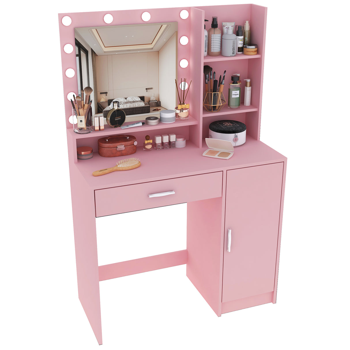 Vanity Desk with Mirror & Light, Large Drawer Three Level Storage Dresser, 3 Lighting Modes Adjustable Brightness, Bedroom Dressing Table (Pink)