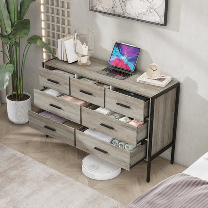 Wood Dresser with 7 Drawers, Wooden Storage Closet for Bedroom, Solid Clothes Cabinet with Sturdy Steel Frame, 48.58"W×15.75"D×31.22"H, 48 inch, Rustic Grey