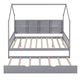 Wooden Full Size House Bed with Trundle,Kids Bed with Shelf, Gray