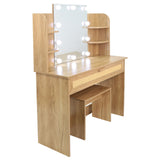 Vanity Desk Set Stool & Dressing Table with LED Lighting Mirror Drawer and Compartments Modern Wood Cosmetic Table Chest of Drawers Nature Color