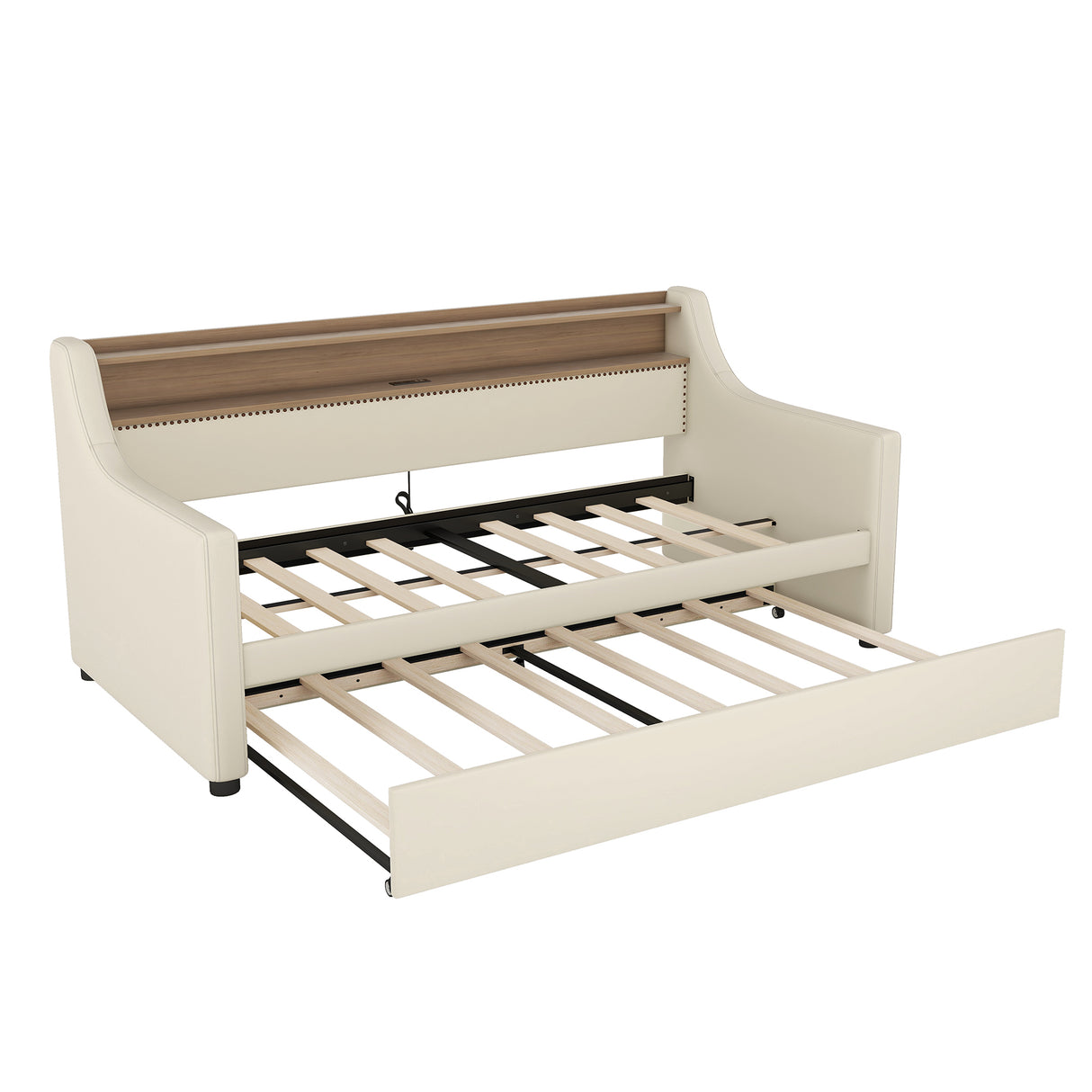 Twin Size Daybed with Trundle, Upholstered Daybed with Charging Station and LED Lights, Beige (Expect arrive date:May 20th.)
