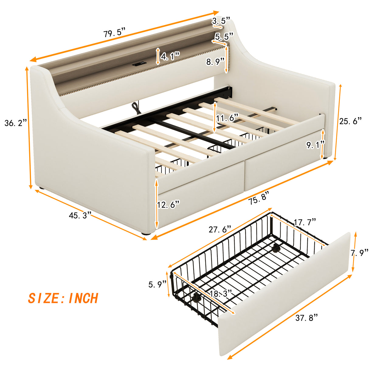 Twin Size Daybed with Storage Drawers, Upholstered Daybed with Charging Station and LED Lights, Beige (Expect arrive date: Jun.,20th.)