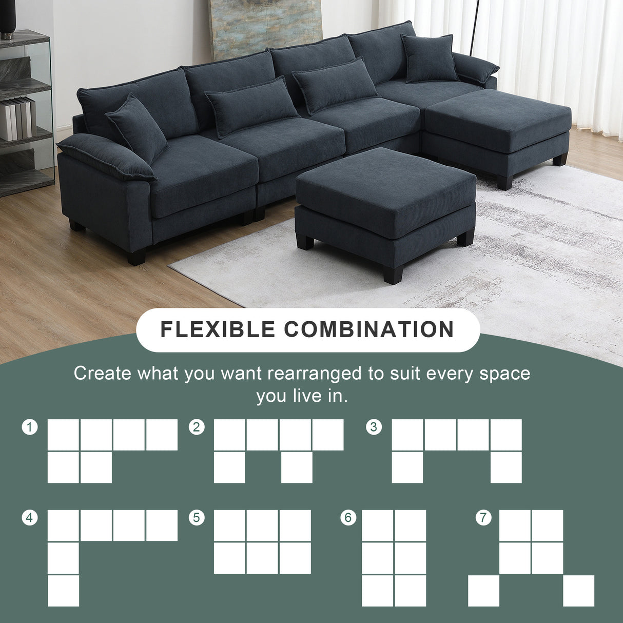 [New]Wide Seat Corduroy Modular Sectional Sofa Bed, Sleeper Couch Set with Armrest Pillow,6 Seat Free Combination Sofa with Ottomans, Oversized Indoor Furniture for Living Room, 2 Colors