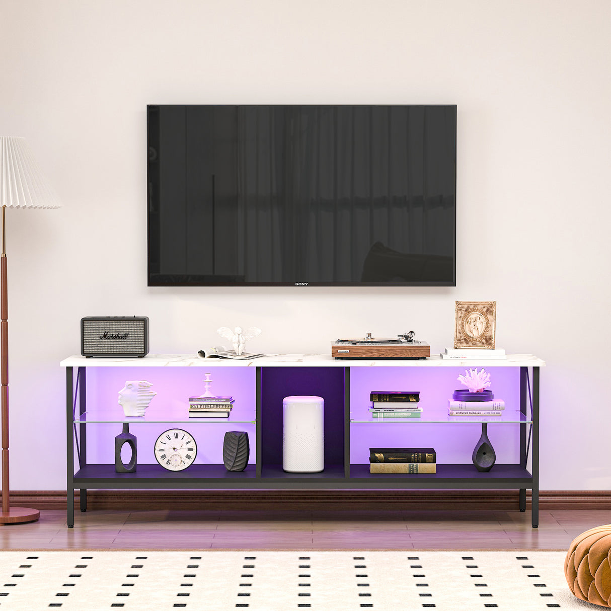 TV stand,Iron TV cabinet,entertainment center, TV set, media console, with LED lights, remote control,toughened glass stand,can be placed in the living room, bedroom, color:white with marble texture
