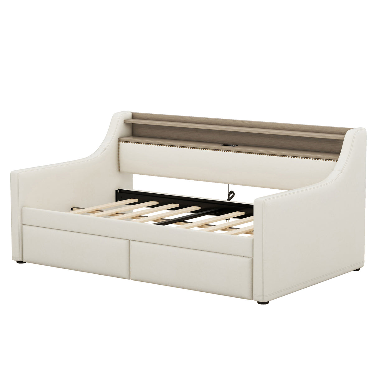Twin Size Daybed with Storage Drawers, Upholstered Daybed with Charging Station and LED Lights, Beige (Expect arrive date: Jun.,20th.)