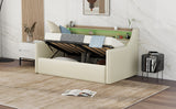 Twin Size Daybed with Hydraulic Storage, Upholstered Daybed with Lift Up Storage, Twin Leather Daybed with Charging Station and LED Lights,Beige