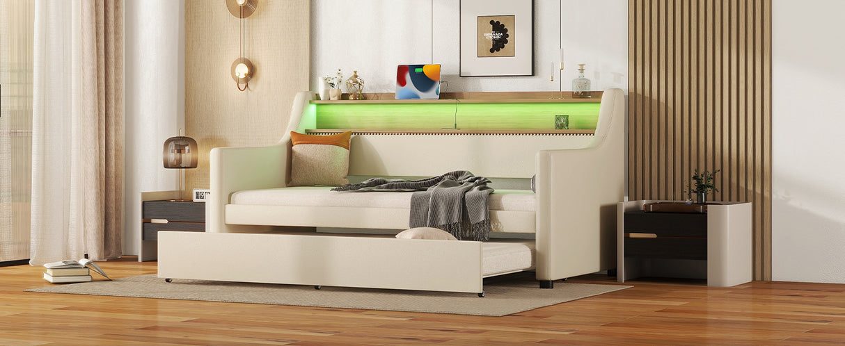 Twin Size Daybed with Trundle, Upholstered Daybed with Charging Station and LED Lights, Beige (Expect arrive date:May 20th.)