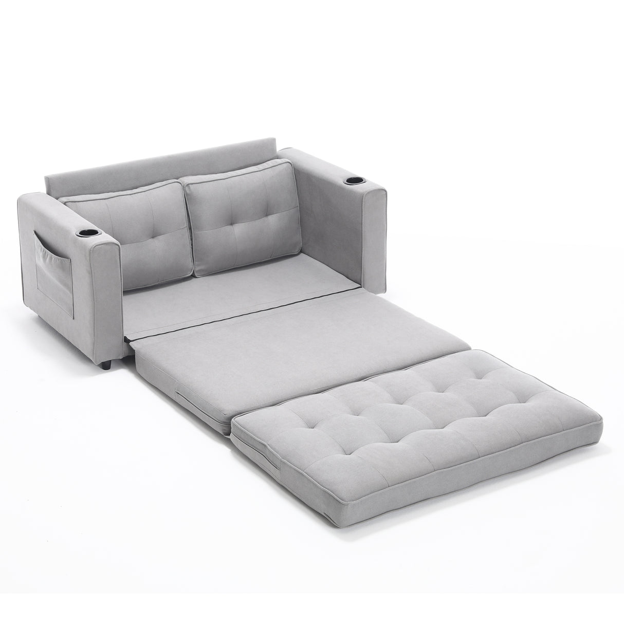 {VIDEO Provided}3-in-1 Upholstered Futon Sofa Convertible Sofa bed,Foldable Tufted Loveseat with Pull Out Sleeper Couch Bed,Folding Mattres Love Seat Daybed W/Side Pockets and Cup Holder, Light Gray