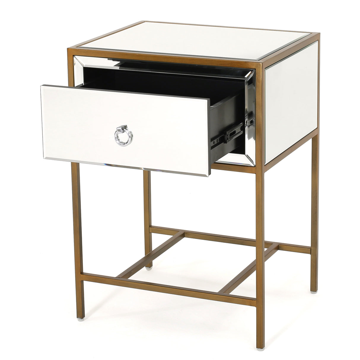 White  Mirrored Nightstand with 1 Drawer, Small End Side Table with Storage, Modern Bedside Bed Table with Metal Frame for Small Space, Bedroom and Living Room, White,  18.90"L x 15.75"W x 26.40"H