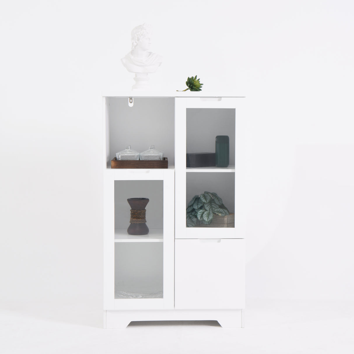 Wooden Floor Cabinet with 2 Glass Doors and 2 Storage Space,White ,Living Room Bathroom Entryway White