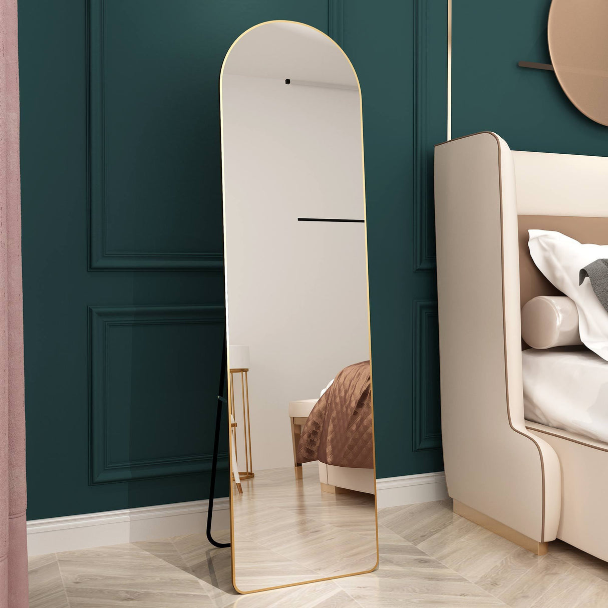 The third generation floor mounted full length rearview mirror. Aluminum alloy metal frame arched wall mirror, bathroom makeup mirror, clothing store, wall mounted. Gold 60 "*16.5"W115158172