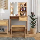 Vanity Desk Set Stool & Dressing Table with LED Lighting Mirror Drawer and Compartments Modern Wood Cosmetic Table Chest of Drawers Nature Color