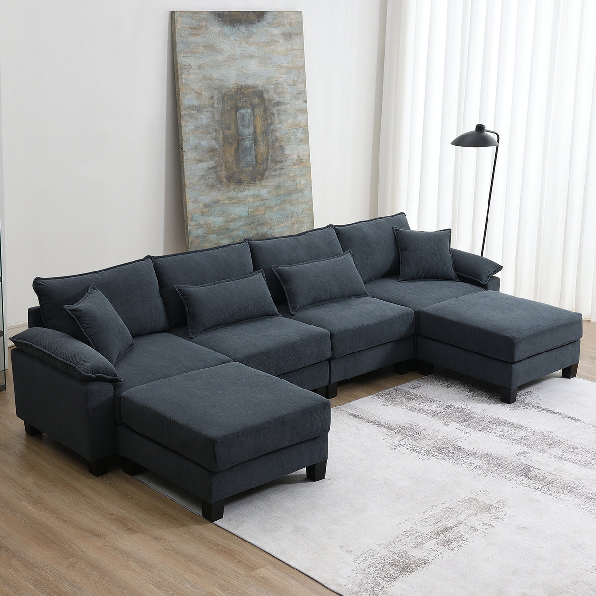 [New]Wide Seat Corduroy Modular Sectional Sofa Bed, Sleeper Couch Set with Armrest Pillow,6 Seat Free Combination Sofa with Ottomans, Oversized Indoor Furniture for Living Room, 2 Colors