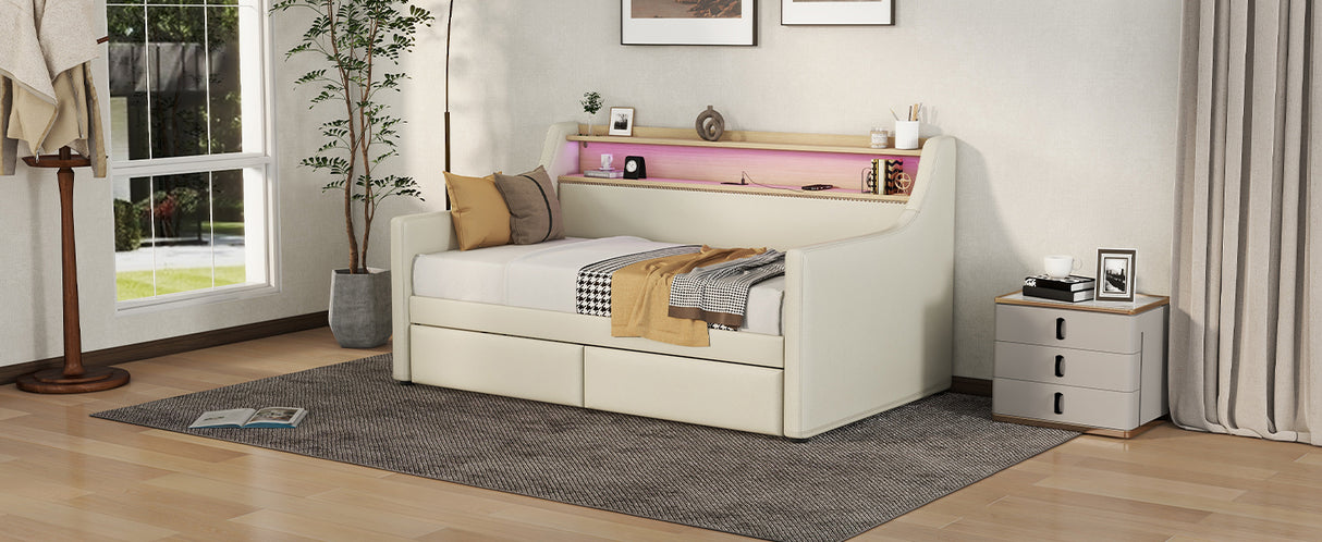 Twin Size Daybed with Storage Drawers, Upholstered Daybed with Charging Station and LED Lights, Beige (Expect arrive date: Jun.,20th.)