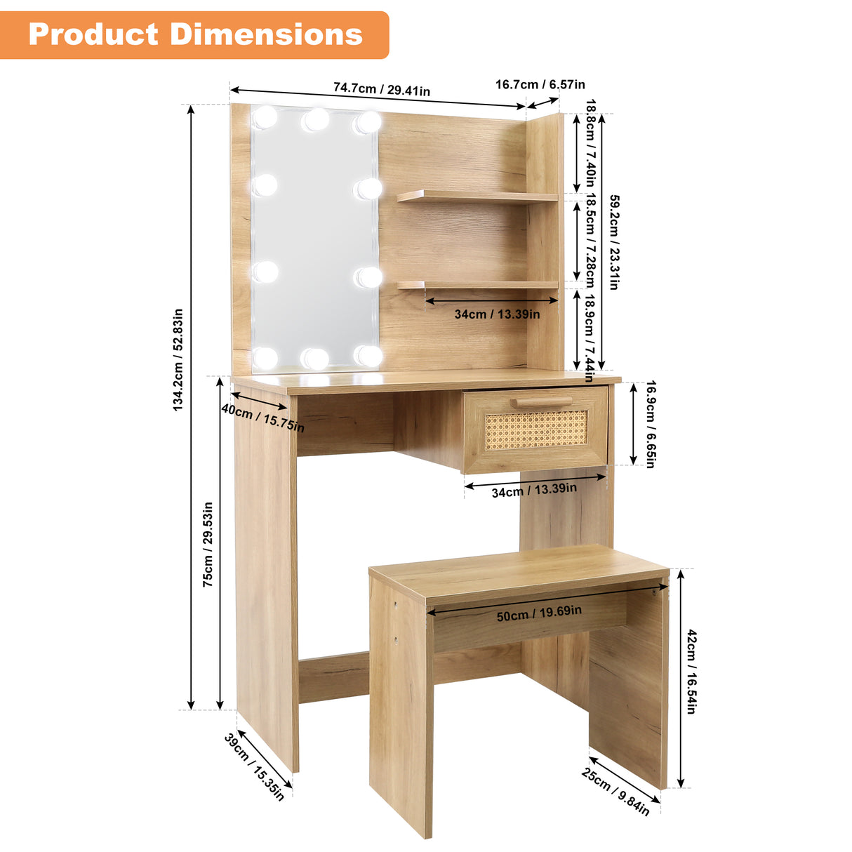 Vanity Desk Set Stool & Dressing Table with LED Lighting Mirror Drawer and Compartments Modern Wood Cosmetic Table Chest of Drawers Nature Color