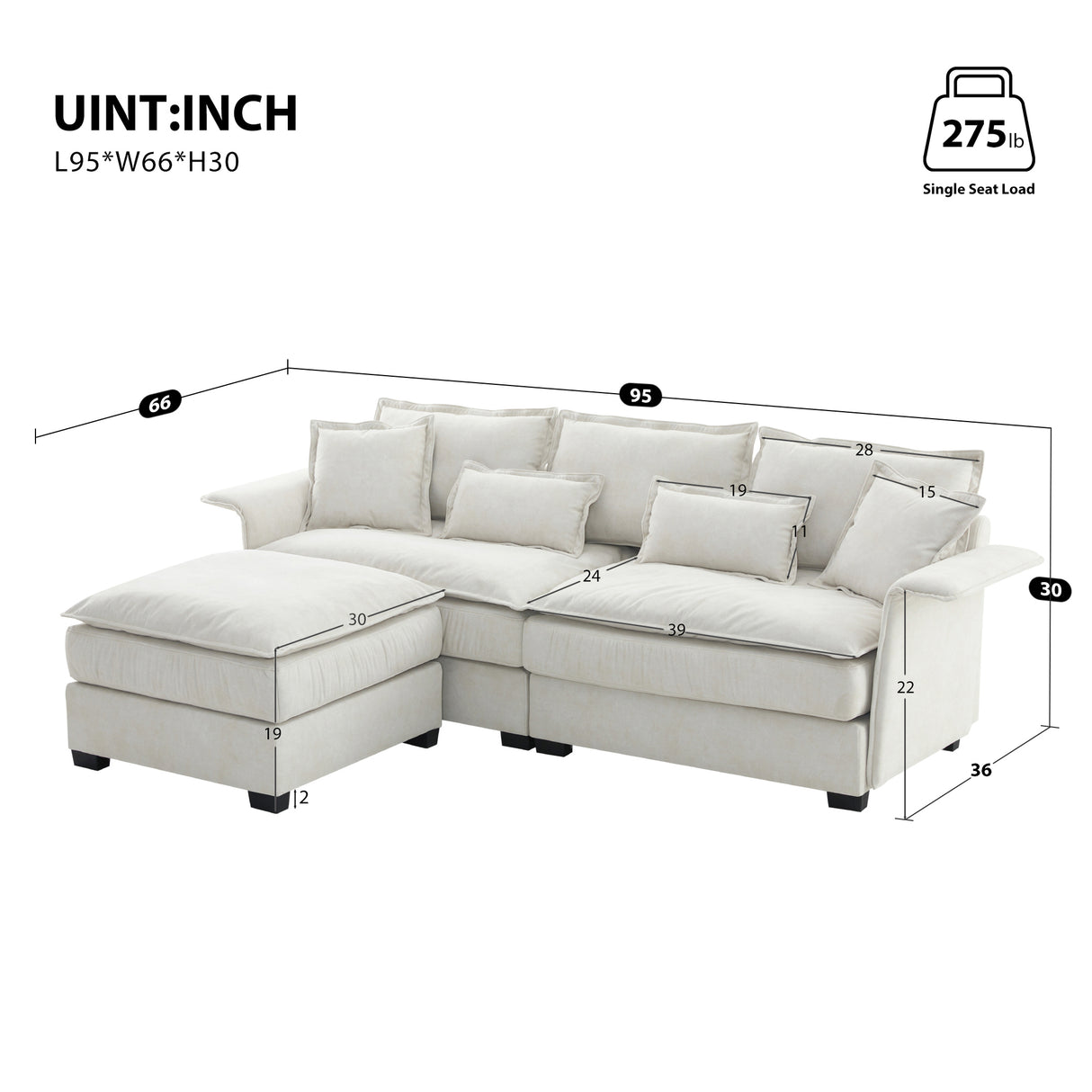 [VIDEO provided][New]95*66"Oversized Luxury Sectional Sofa with Bentwood Armrests,4 seat Upholstered Indoor Furniture with Double Cushions,L Shape Couch with Ottoman for Living Room,Apartment,3 Colors