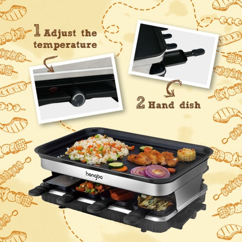 1500W Raclette Grill 8 People Grill Plate Non-stick Coated, Raclette With 8 Mini Raclette Pans, Infinitely Adjustable Temperature
