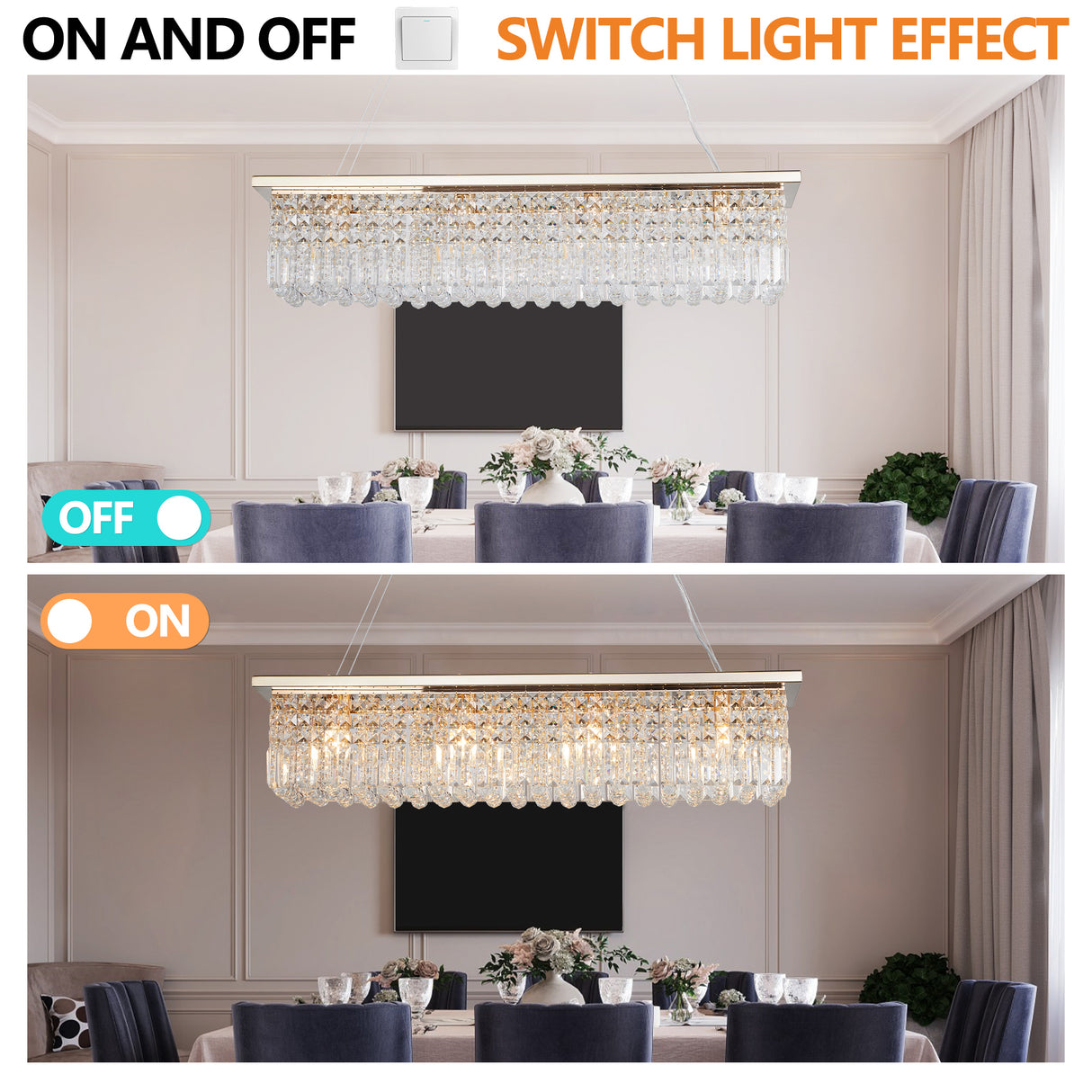 Modern Crystal Chandelier for Dining Room 8-Light Gold Rectangle Raindrop Chandelier Contemporary Rectangular Pendant Light Fixture for Kitchen Island Bar L39.4'' x W9.8'' x H8.7'(Bulb Not Included)