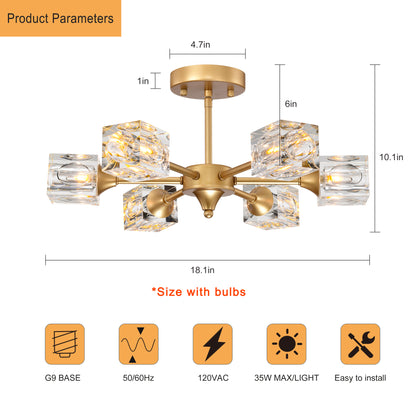 Modern Luxurious  Crystal Ceiling Light, 6 Lights (G9  Bulb) Modern Crystal Ceiling Light for Dining Room, Pendant Lamp Ceiling Lighting for Living Bedroom Hall Balcony --Matte Gold