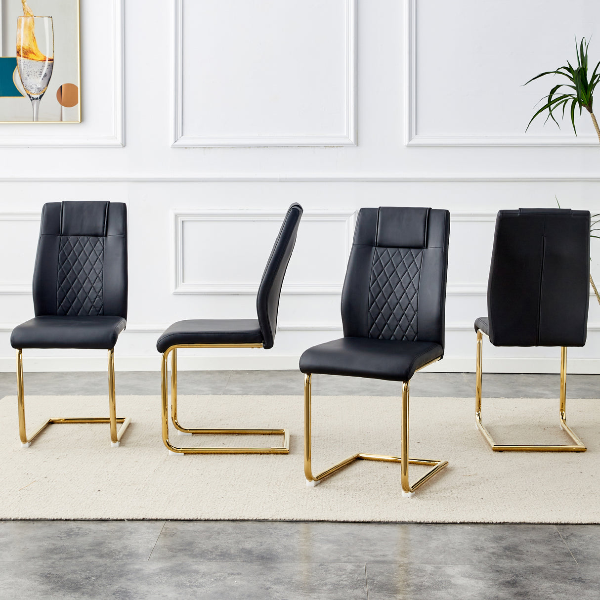 Modern dining chairs with faux leather padded seats, dining room chairs, gold metal leg upholstered chairs, suitable for kitchens, living rooms, bedrooms, and offices, set of 4 (black+PU leather)C-001
