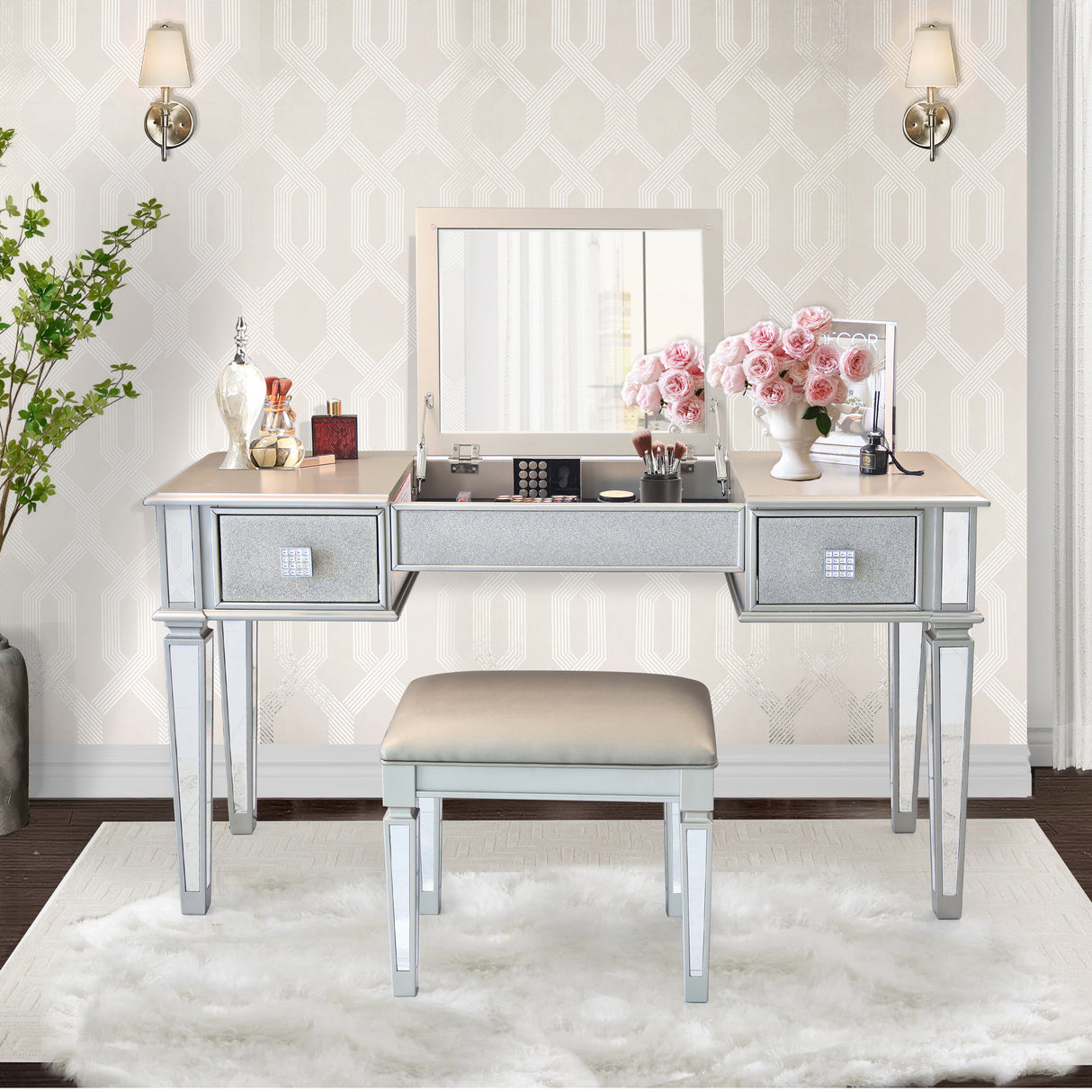 Mirrored Vanities Desk with Drawers, Bedroom Makeup Vanity Table Set with Mirror and Stool, Flip Up Dressing Table for Bedroom/Makeup Room, Working Desk for Women, Girl Furniture Combo