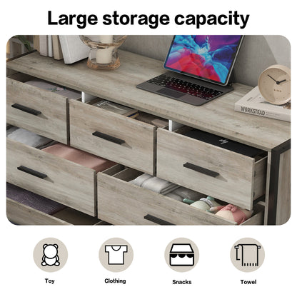 Wood Dresser with 7 Drawers, Wooden Storage Closet for Bedroom, Solid Clothes Cabinet with Sturdy Steel Frame, 48.58"W×15.75"D×31.22"H, 48 inch, Rustic Grey