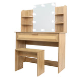 Vanity Desk Set Stool & Dressing Table with LED Lighting Mirror Drawer and Compartments Modern Wood Cosmetic Table Chest of Drawers Nature Color