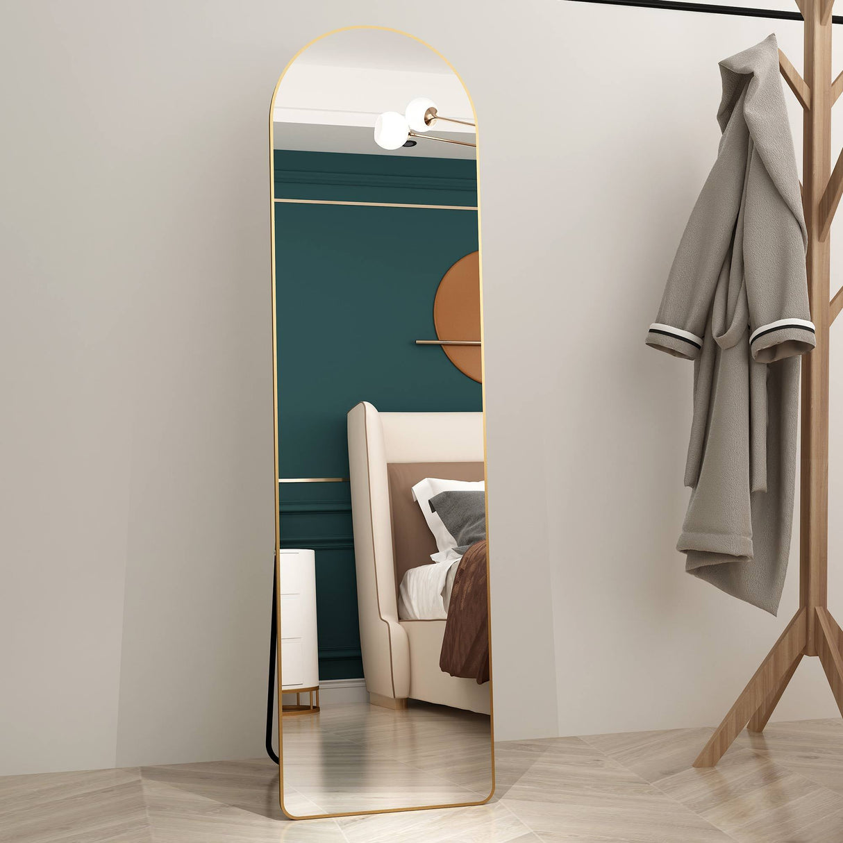 The third generation floor mounted full length rearview mirror. Aluminum alloy metal frame arched wall mirror, bathroom makeup mirror, clothing store, wall mounted. Gold 60 "*16.5"W115158172