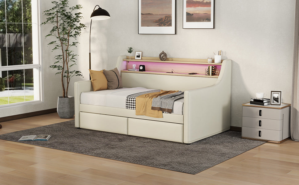 Twin Size Daybed with Storage Drawers, Upholstered Daybed with Charging Station and LED Lights, Beige (Expect arrive date: Jun.,20th.)