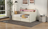 Twin Size Daybed with Storage Drawers, Upholstered Daybed with Charging Station and LED Lights, Beige (Expect arrive date: Jun.,20th.)