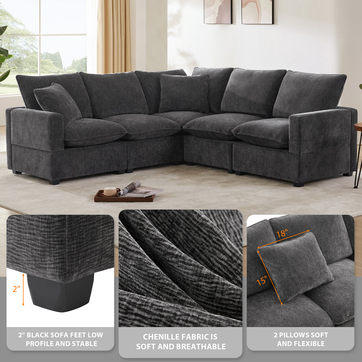 [VIDEO provided] [New] 84*84" Modern L Shape Modular Sofa, 5 Seat Chenille Sectional Couch Set with 2 Pillows Included, Freely Combinable Indoor Funiture for Living Room, Apartment, Office, 2 Colors
