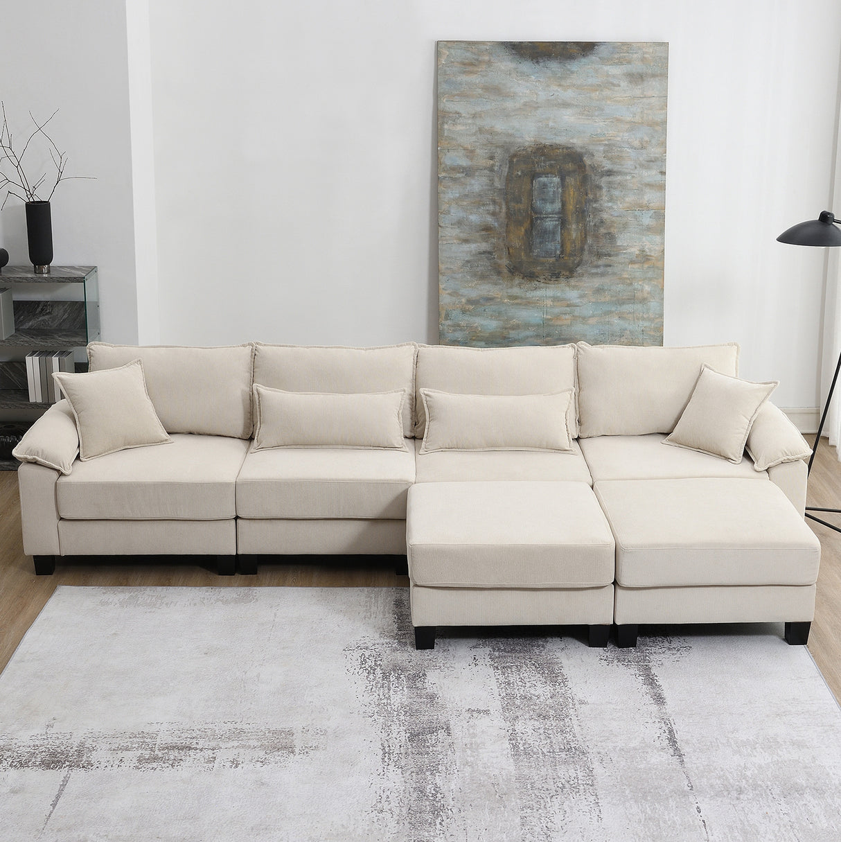 [New]Wide Seat Corduroy Modular Sectional Sofa Bed, Sleeper Couch Set with Armrest Pillow,6 Seat Free Combination Sofa with Ottomans, Oversized Indoor Furniture for Living Room, 2 Colors