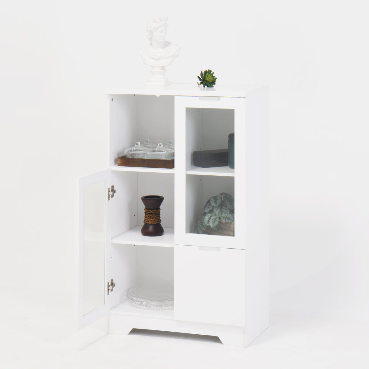 Wooden Floor Cabinet with 2 Glass Doors and 2 Storage Space,White ,Living Room Bathroom Entryway White