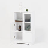 Wooden Floor Cabinet with 2 Glass Doors and 2 Storage Space,White ,Living Room Bathroom Entryway White