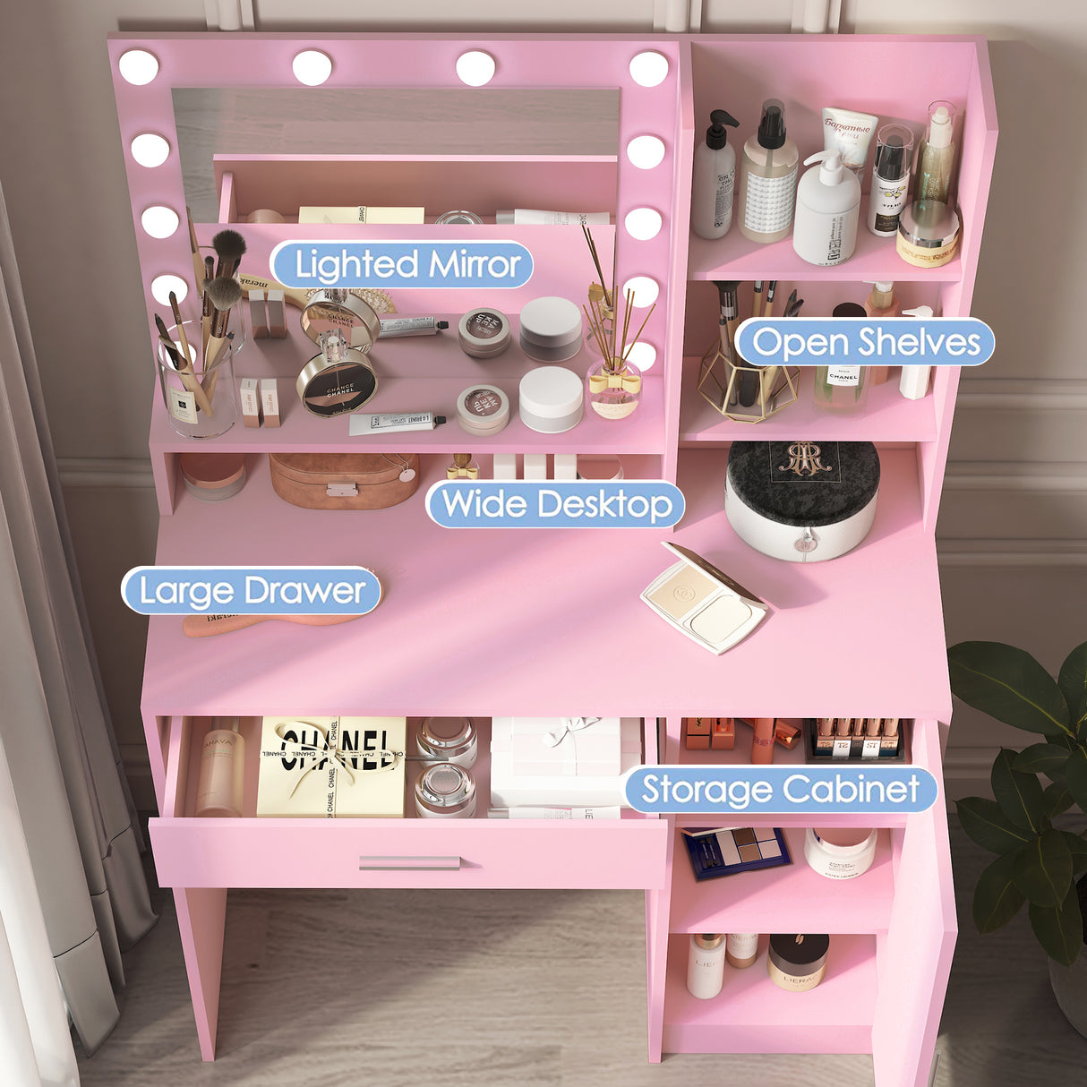 Vanity Desk with Mirror & Light, Large Drawer Three Level Storage Dresser, 3 Lighting Modes Adjustable Brightness, Bedroom Dressing Table (Pink)