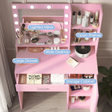 Vanity Desk with Mirror & Light, Large Drawer Three Level Storage Dresser, 3 Lighting Modes Adjustable Brightness, Bedroom Dressing Table (Pink)