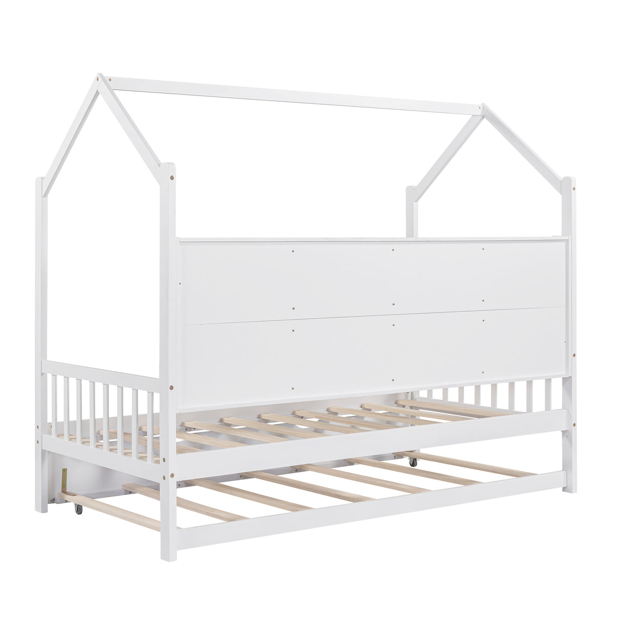 Wooden Twin Size House Bed with Trundle,Kids Bed with Shelf, White
