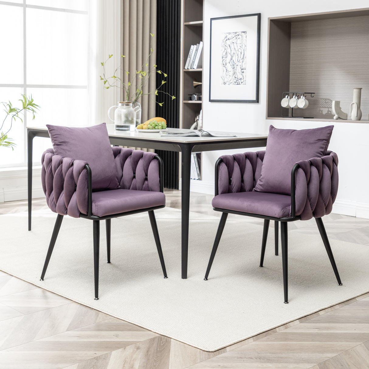 Dark Purple Modern Velvet Dining Chairs Set of 2 Hand Weaving Accent Chairs Living Room Chairs Upholstered Side Chair with Black Metal Legs for Dining Room Kitchen Vanity Living Room