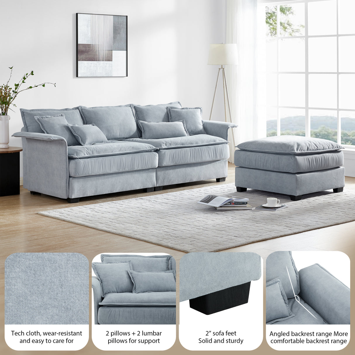 [VIDEO provided][New]95*66"Oversized Luxury Sectional Sofa with Bentwood Armrests,4 seat Upholstered Indoor Furniture with Double Cushions,L Shape Couch with Ottoman for Living Room,Apartment,3 Colors